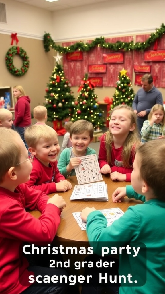 Children enjoying Christmas party games with decorations and festive spirit.